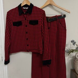 Karlie Sport Vintage 90s Plaid Skirt & Jacket Set Velvet Trim M
